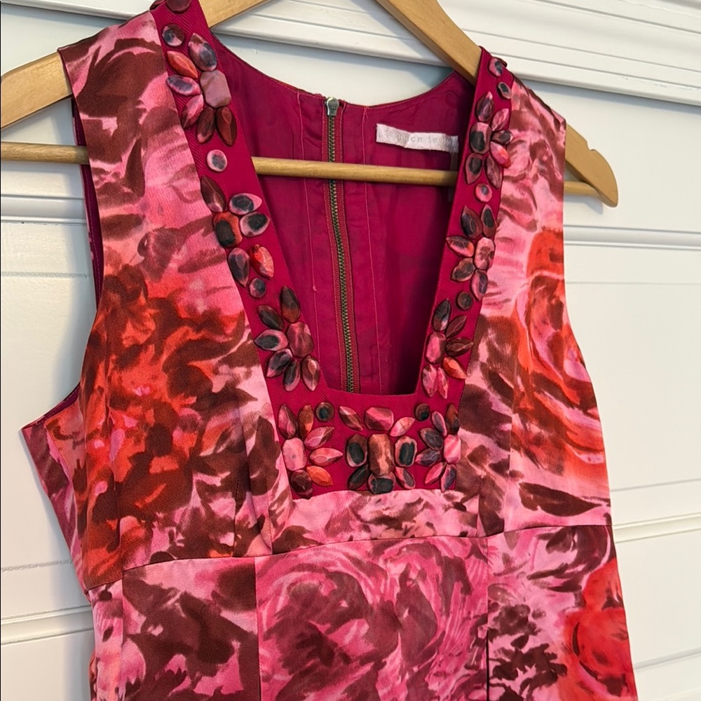 Rebecca Taylor Floral Red and Pink Sleeveless Dress Wedding, Derby, or Party - Picture 5 of 9